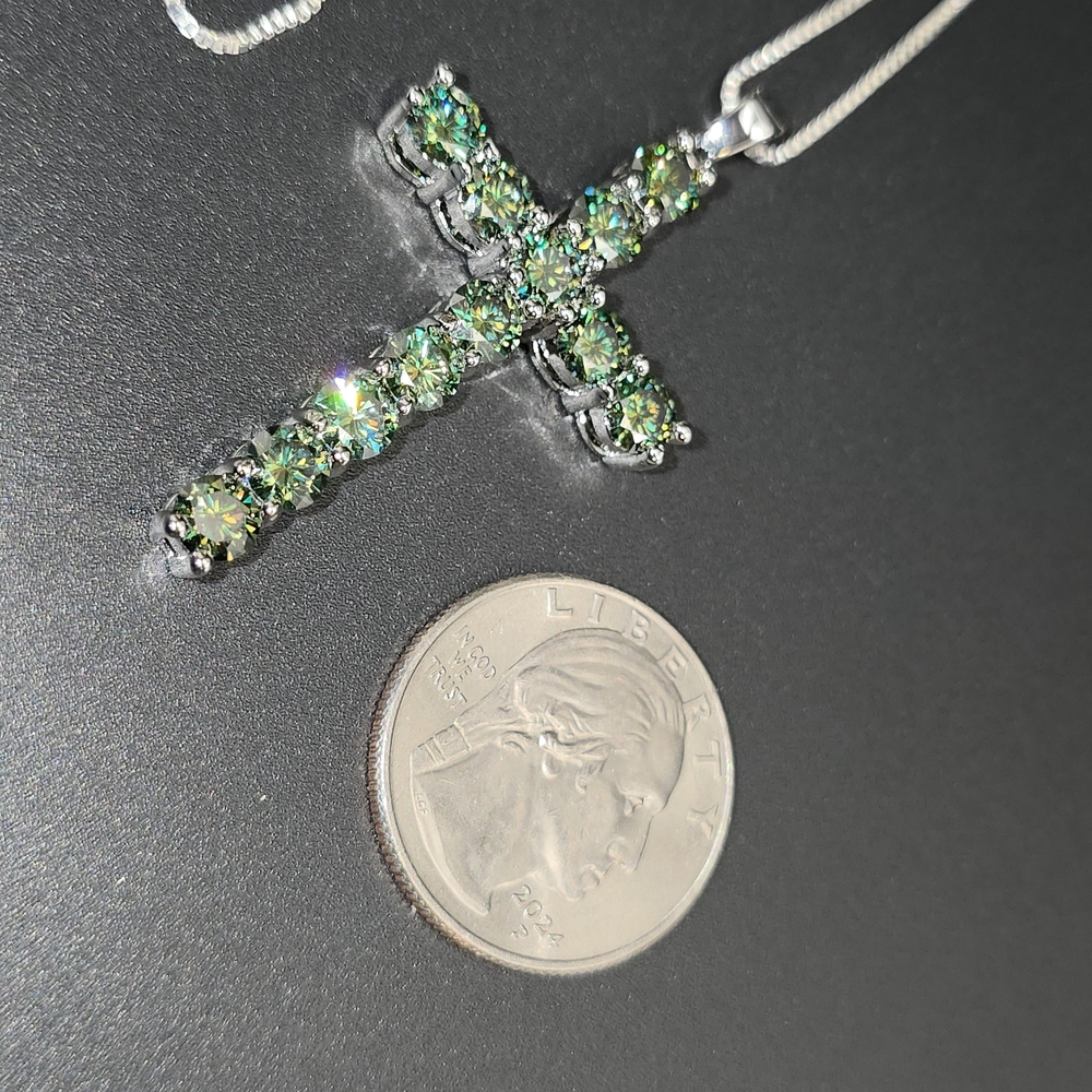 π 5 CTW Green Moissanite Cross Pendant | S925. White Gold Plated | - Picture 7 of 8